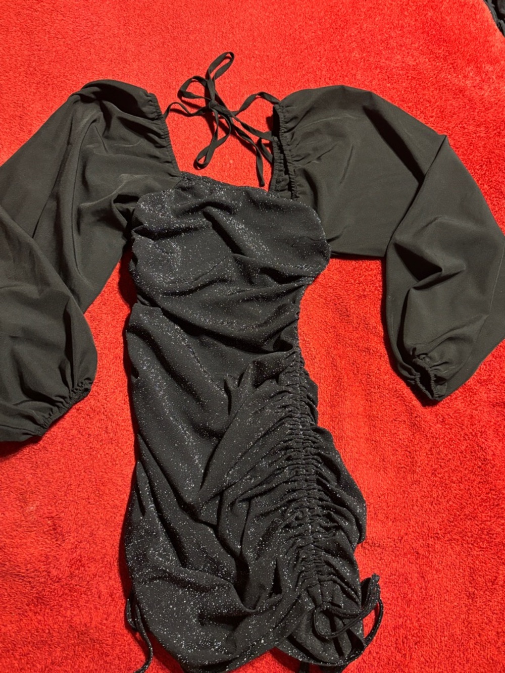 SHIEN Black Sparkle Ruched Mini Dress with Puff Sleeves. Size XS/2